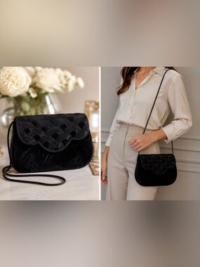 La Regale Vintage Black Velvet Beaded Crossbody Flap Bag Evening Clutch